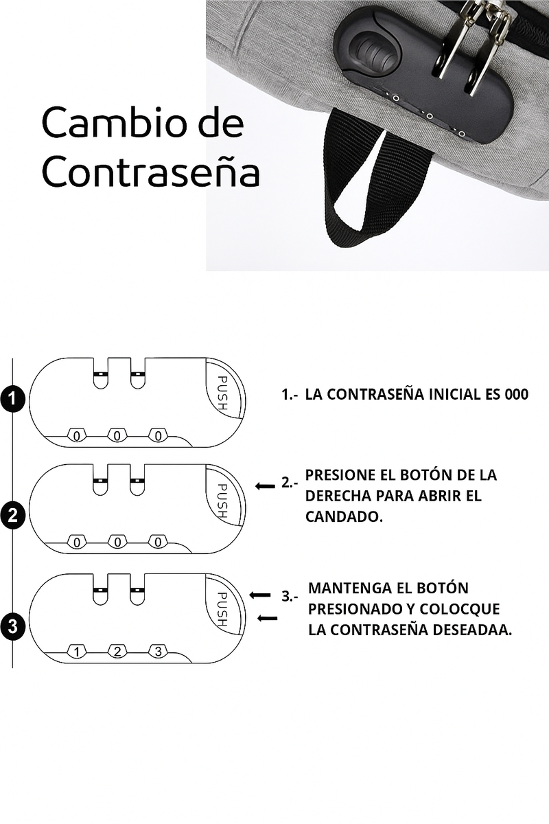 Mochila Antirrobo Impermeable con Carga USB y Cierre Numérico